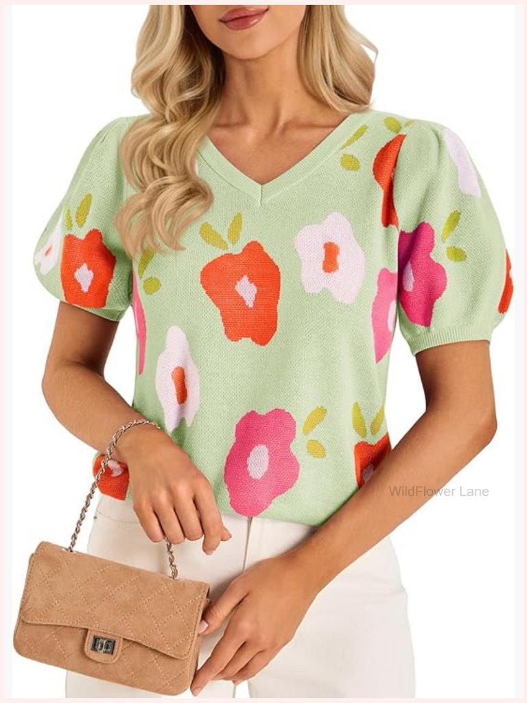 Puff Short Sleeve Sweater Top Floral Pullover V Neck Casual Knit T Shirt